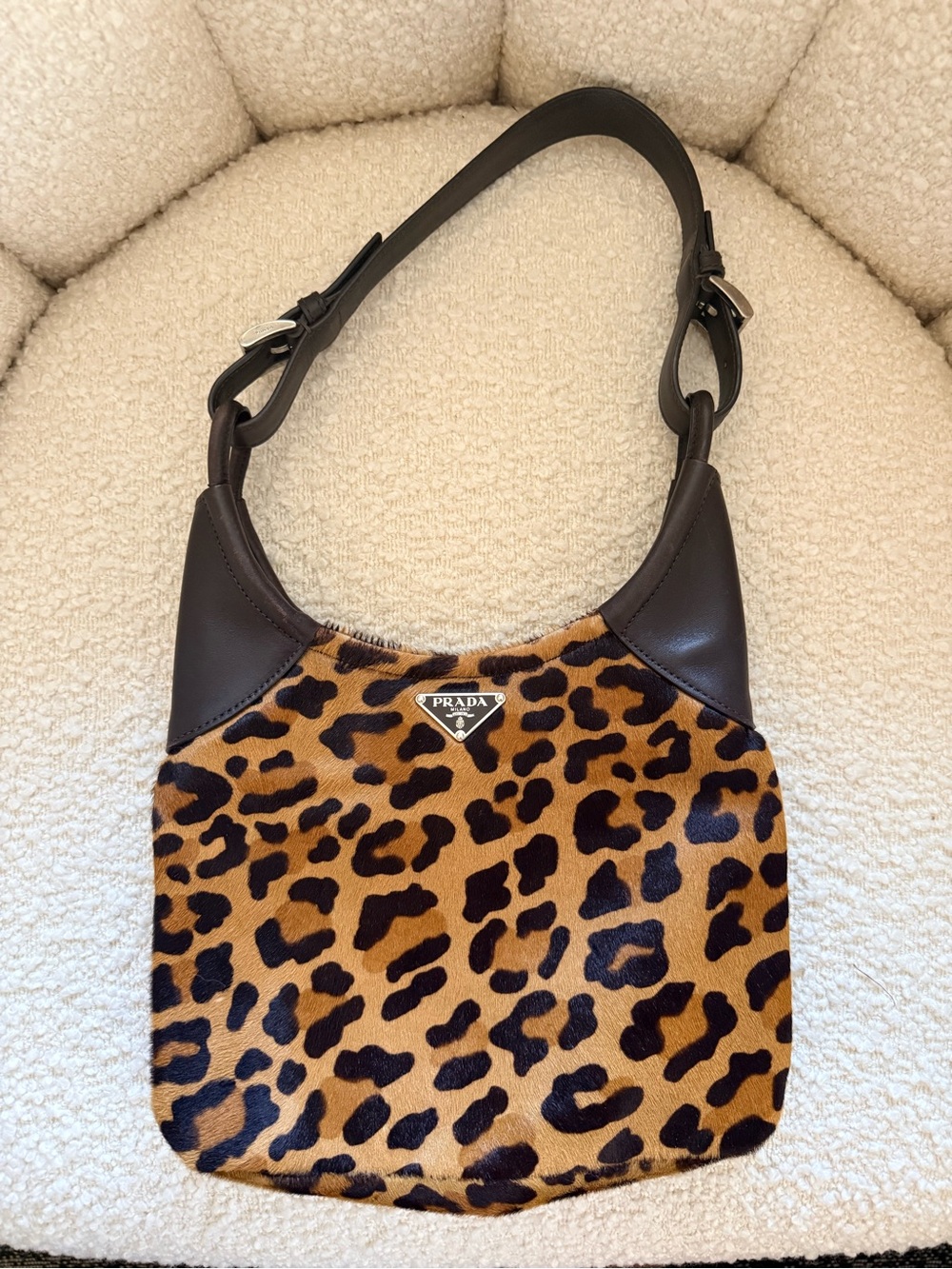 Vintage Prada BR1299 Leopard Pony Hair Shoulder Bag Miele Moro, Dust Bag & Card